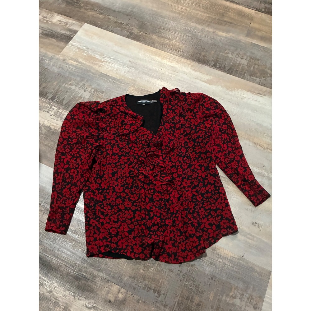 Karl Lagerfeld Paris Red Black Floral Ruffle V-Neck Puff Sleeve Blouse Small